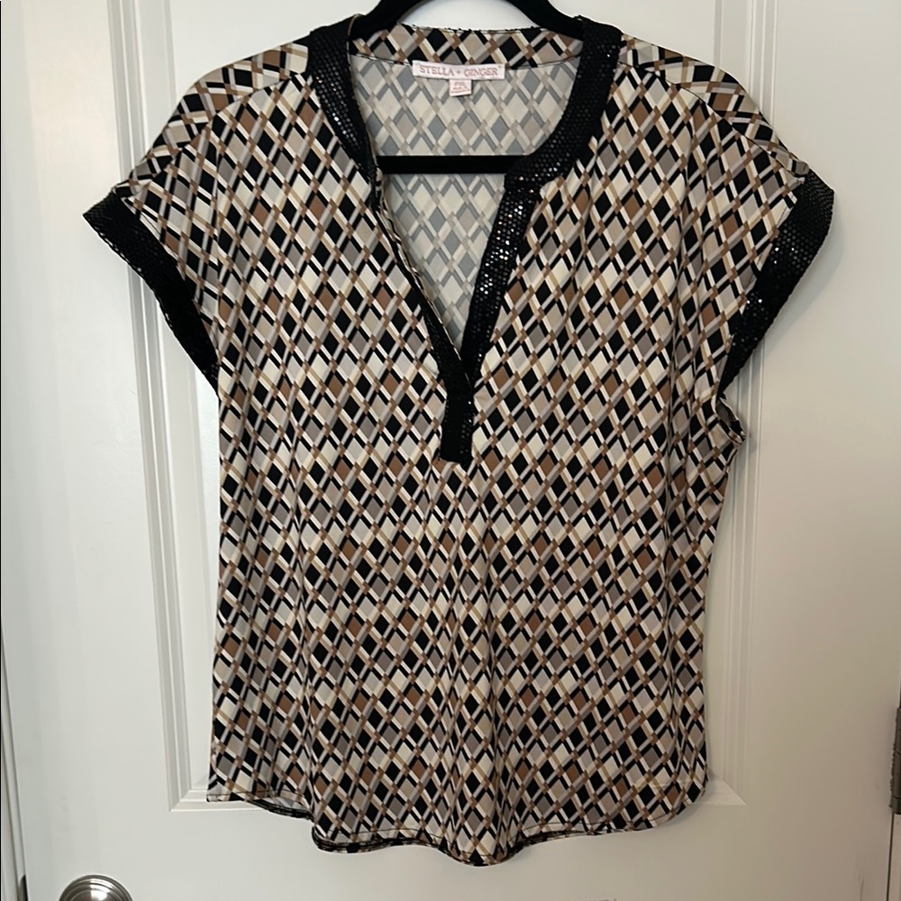 Black, mocha and cream cap sleeve blouse with black sequined trim